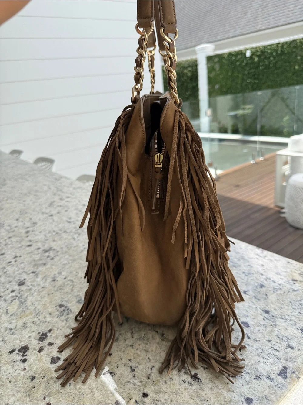Tory Burch Brown Suede Fringe Tote with Chain-Accent Straps